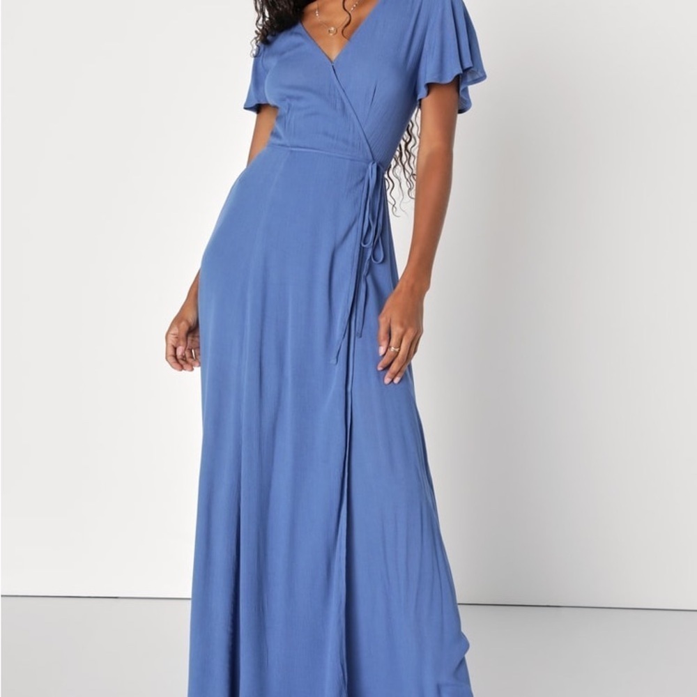 Lulu’s Heart of Marigold Denim Blue Wrap Maxi Dress Evening Cocktail Flowy